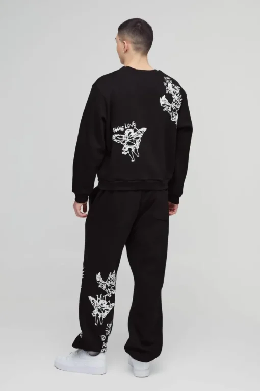 Oversized Boxy Graffiti Slogan Sweatshirt Tracksuit