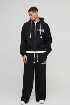 Oversized Boxy Heart Printed Double Waistband Zip Through Hooded Tracksuit