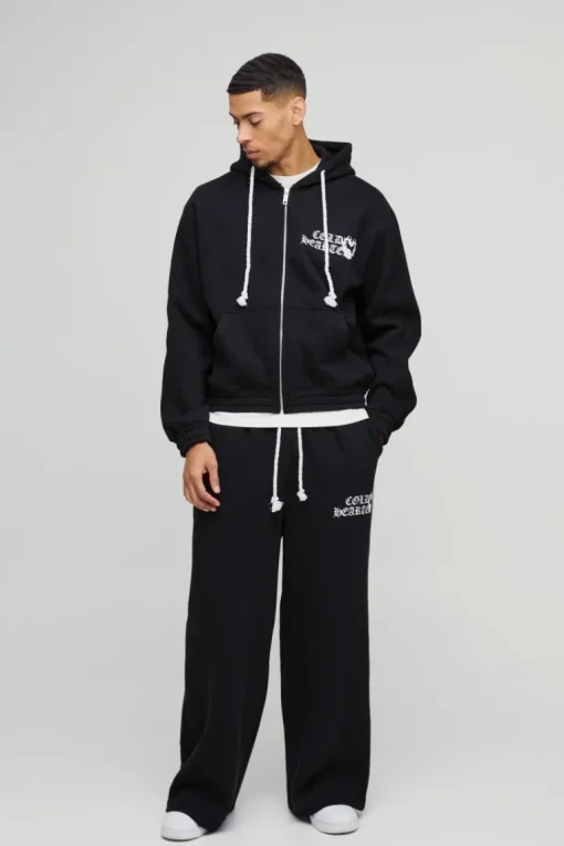 Oversized Boxy Heart Printed Double Waistband Zip Through Hooded Tracksuit