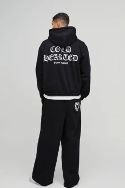 Oversized Boxy Heart Printed Double Waistband Zip Through Hooded Tracksuit