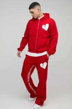 Oversized Boxy Hearts Puff Print Flare Gusset Print Hooded Tracksuit
