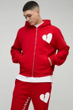 Oversized Boxy Hearts Puff Print Flare Gusset Print Hooded Tracksuit