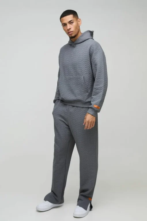 Oversized Boxy Herringbone Woven Tab Hooded Tracksuit