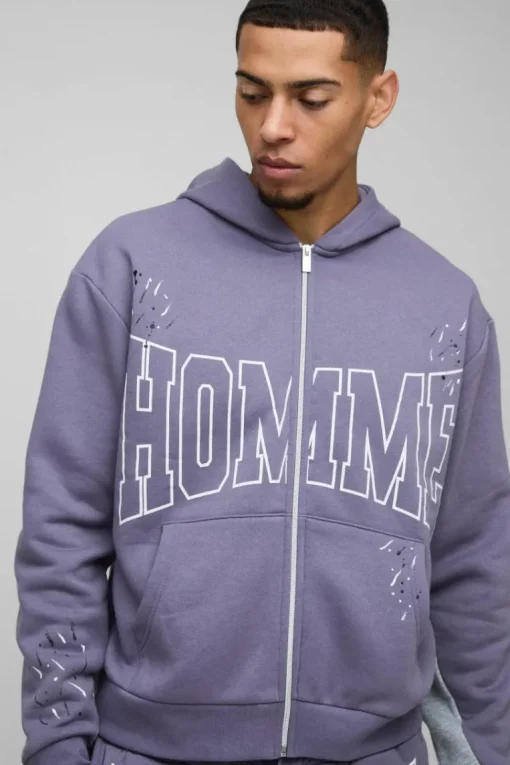 Oversized Boxy Homme Paint Splatter Homme Zip Through Tracksuit