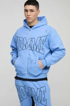 Oversized Boxy Homme Paint Splatter Zip Through Hoodie