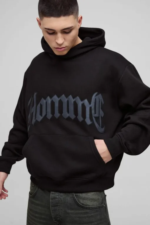 Oversized Boxy Homme PU Applique Hoodie
