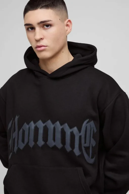 Oversized Boxy Homme PU Applique Hoodie