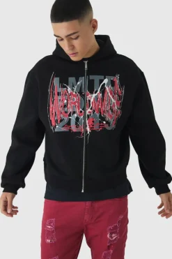 Oversized Boxy Large Scale Gothic Print Zip Through Hoodie