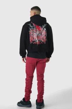 Oversized Boxy Large Scale Gothic Print Zip Through Hoodie