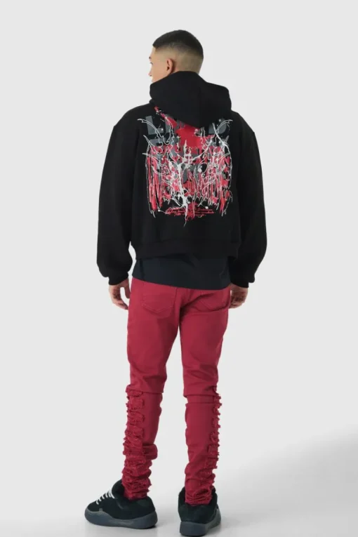 Oversized Boxy Large Scale Gothic Print Zip Through Hoodie