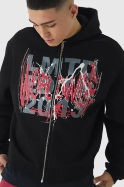 Oversized Boxy Large Scale Gothic Print Zip Through Hoodie