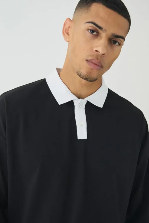 Oversized Boxy Long Sleeve Contrast Polo