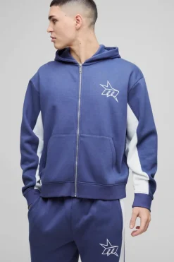 Oversized Boxy M Star Panelled Zip Through Hoodie