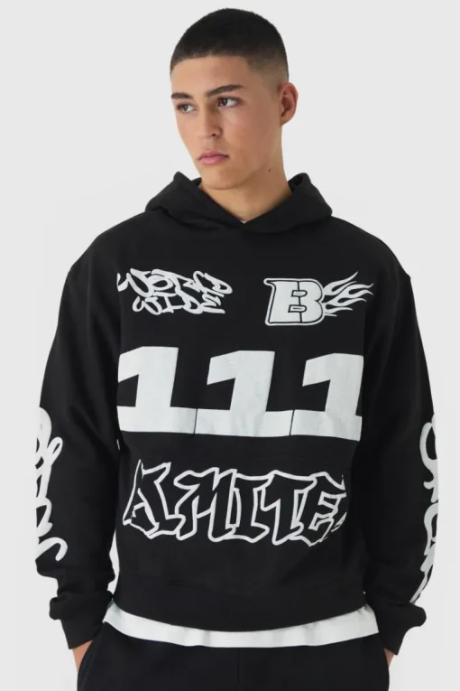 Oversized Boxy Moto Puff Print Hoodie