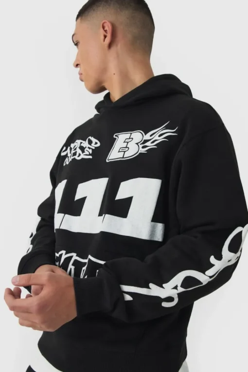 Oversized Boxy Moto Puff Print Hoodie