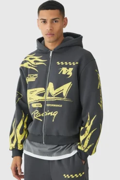 Oversized Boxy Moto Racing Flame Zip Through Hoodie