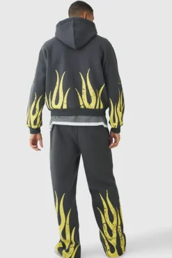 Oversized Boxy Moto Racing Flame Zip Through Hoodie