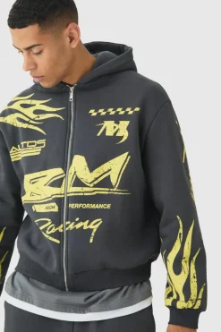 Oversized Boxy Moto Racing Flame Zip Through Hoodie