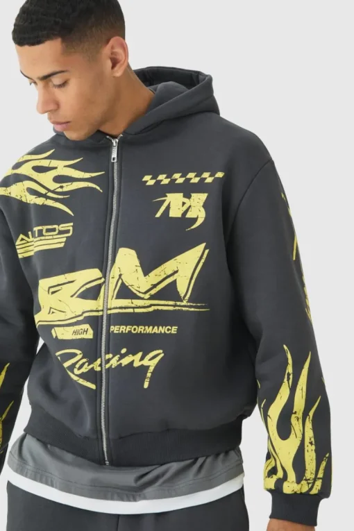 Oversized Boxy Moto Racing Flame Zip Through Hoodie
