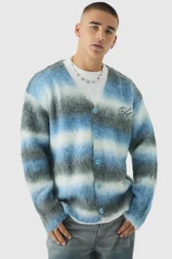 Oversized Boxy OFCL Brushed Ombre Stripe Knitted Embroidered Cardigan
