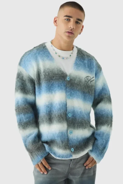 Oversized Boxy OFCL Brushed Ombre Stripe Knitted Embroidered Cardigan