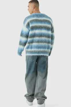 Oversized Boxy OFCL Brushed Ombre Stripe Knitted Embroidered Cardigan