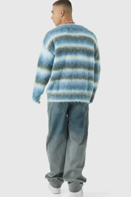 Oversized Boxy OFCL Brushed Ombre Stripe Knitted Embroidered Cardigan