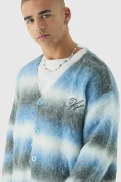 Oversized Boxy OFCL Brushed Ombre Stripe Knitted Embroidered Cardigan