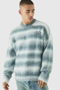 Oversized Boxy OFCL Brushed Ombre Stripe Knitted Embroidered Jumper