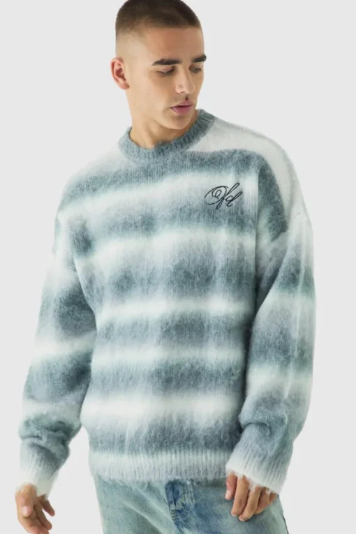 Oversized Boxy OFCL Brushed Ombre Stripe Knitted Embroidered Jumper