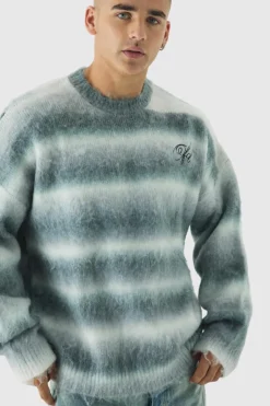 Oversized Boxy OFCL Brushed Ombre Stripe Knitted Embroidered Jumper