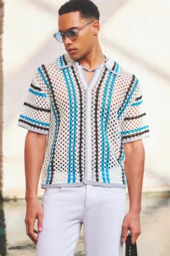 Oversized Boxy Open Knit Stripe Shirt