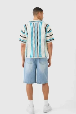 Oversized Boxy Open Knit Stripe Shirt