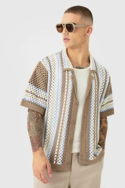 Oversized Boxy Revere Open Knit Stripe Shirt