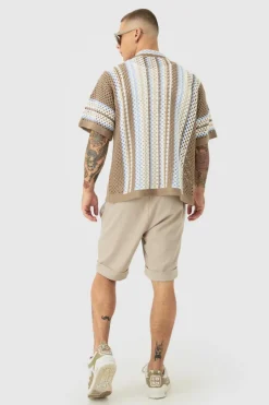 Oversized Boxy Revere Open Knit Stripe Shirt