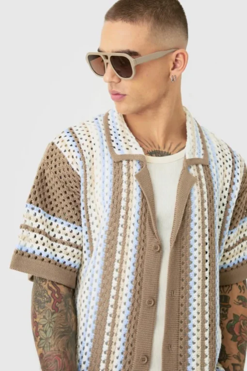 Oversized Boxy Revere Open Knit Stripe Shirt