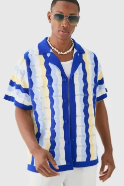 Oversized Boxy Revere Open Knit Stripe Shirt In Blue
