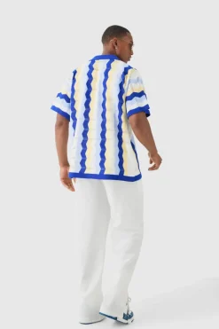 Oversized Boxy Revere Open Knit Stripe Shirt In Blue