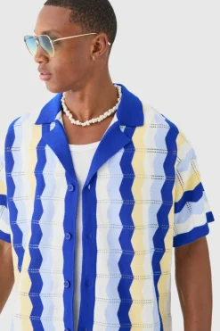 Oversized Boxy Revere Open Knit Stripe Shirt In Blue