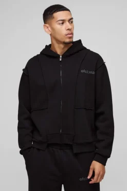 Oversized Boxy Seam Detail Raw Edge Zip Through Hoodie