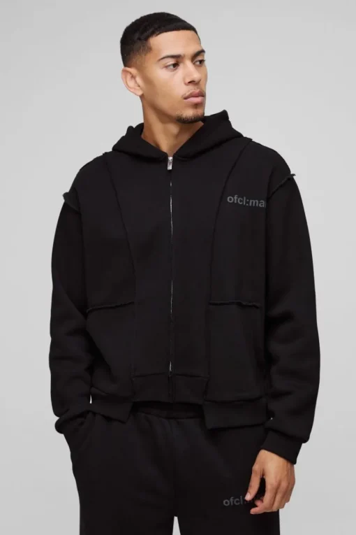 Oversized Boxy Seam Detail Raw Edge Zip Through Hoodie