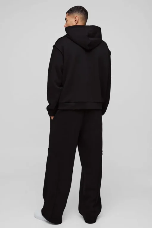 Oversized Boxy Seam Detail Raw Edge Zip Through Hoodie