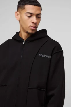 Oversized Boxy Seam Detail Raw Edge Zip Through Hoodie