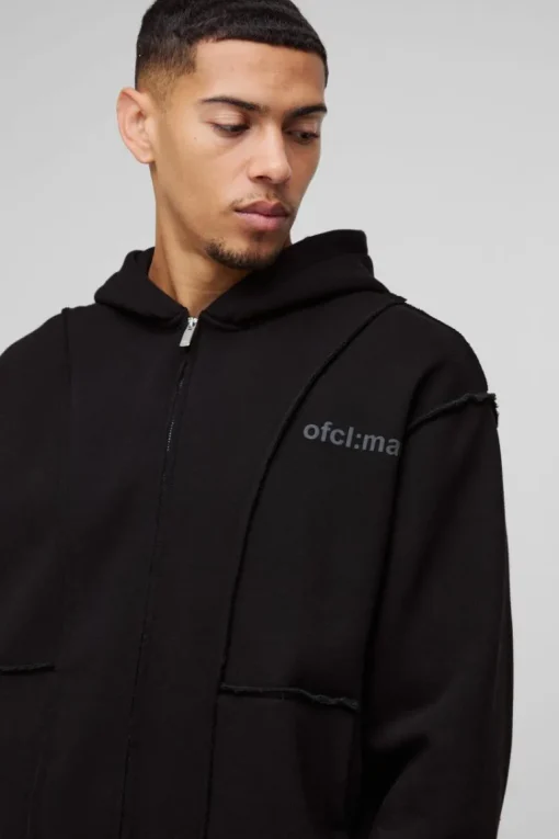 Oversized Boxy Seam Detail Raw Edge Zip Through Hoodie