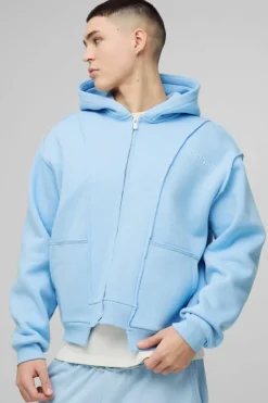 Oversized Boxy Seam Detail Raw Edge Zip Through Hoodie