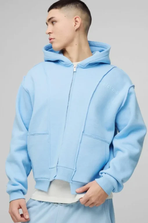 Oversized Boxy Seam Detail Raw Edge Zip Through Hoodie