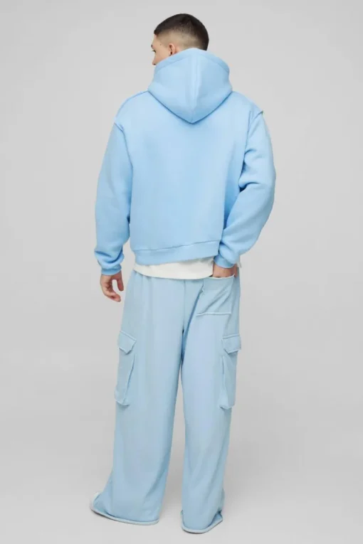 Oversized Boxy Seam Detail Raw Edge Zip Through Hoodie