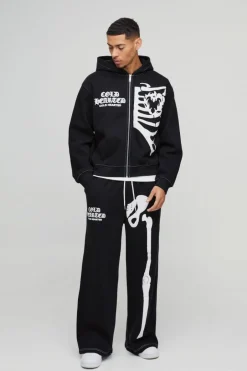 Oversized Boxy Skeleton Puff Print Contrast Stitch Zip Through Hooded Tracksuit