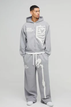 Oversized Boxy Skeleton Puff Print Contrast Stitch Zip Through Hooded Tracksuit