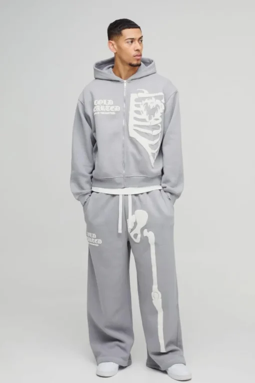 Oversized Boxy Skeleton Puff Print Contrast Stitch Zip Through Hooded Tracksuit